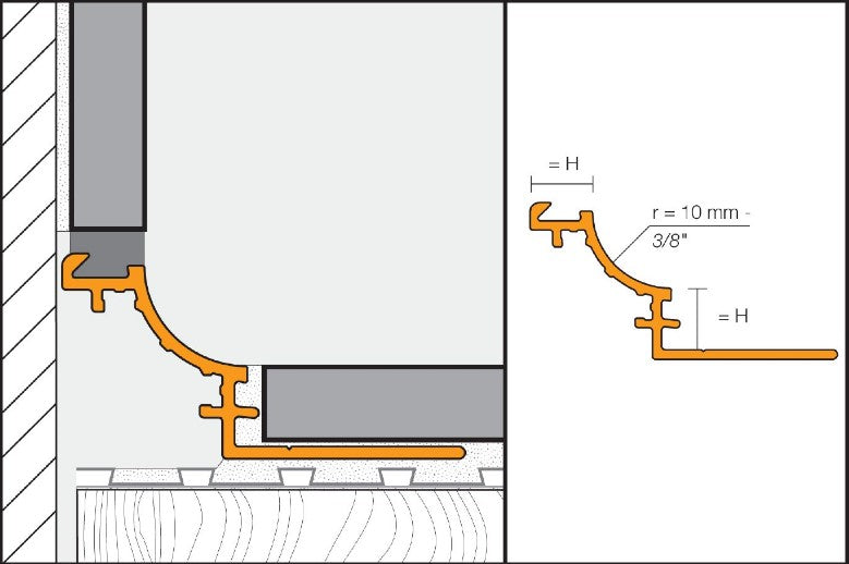 Schluter Systems Dilex Nickel Satin Stone Metal Shoppe, Shaped Anodized Tile & Aluminum — Cove AHK