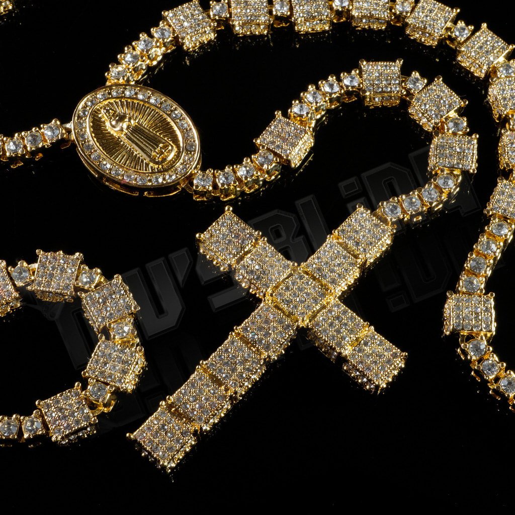 14k Gold Iced Out Rosary Square Chain Niv S Bling