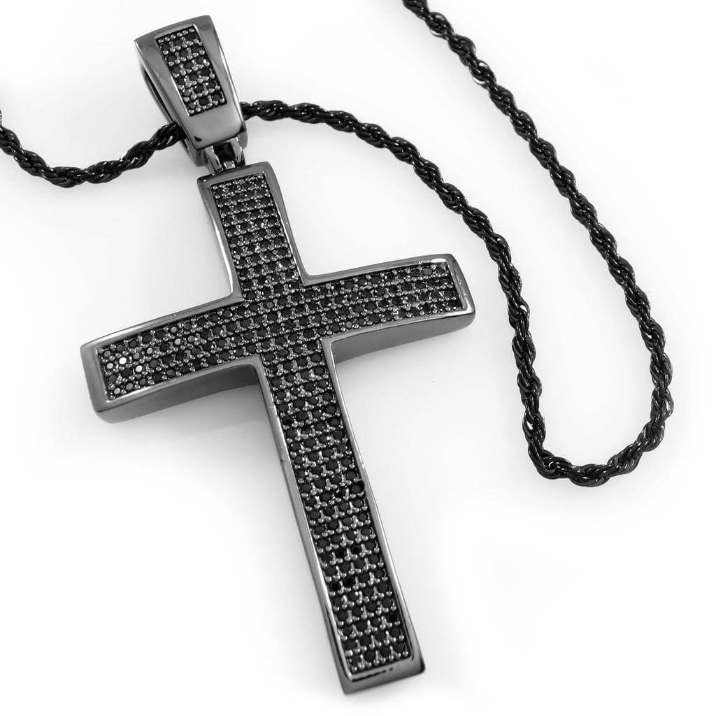 18k Black Gold Jesus Cross 1 With Rope Chain Nivs Bling
