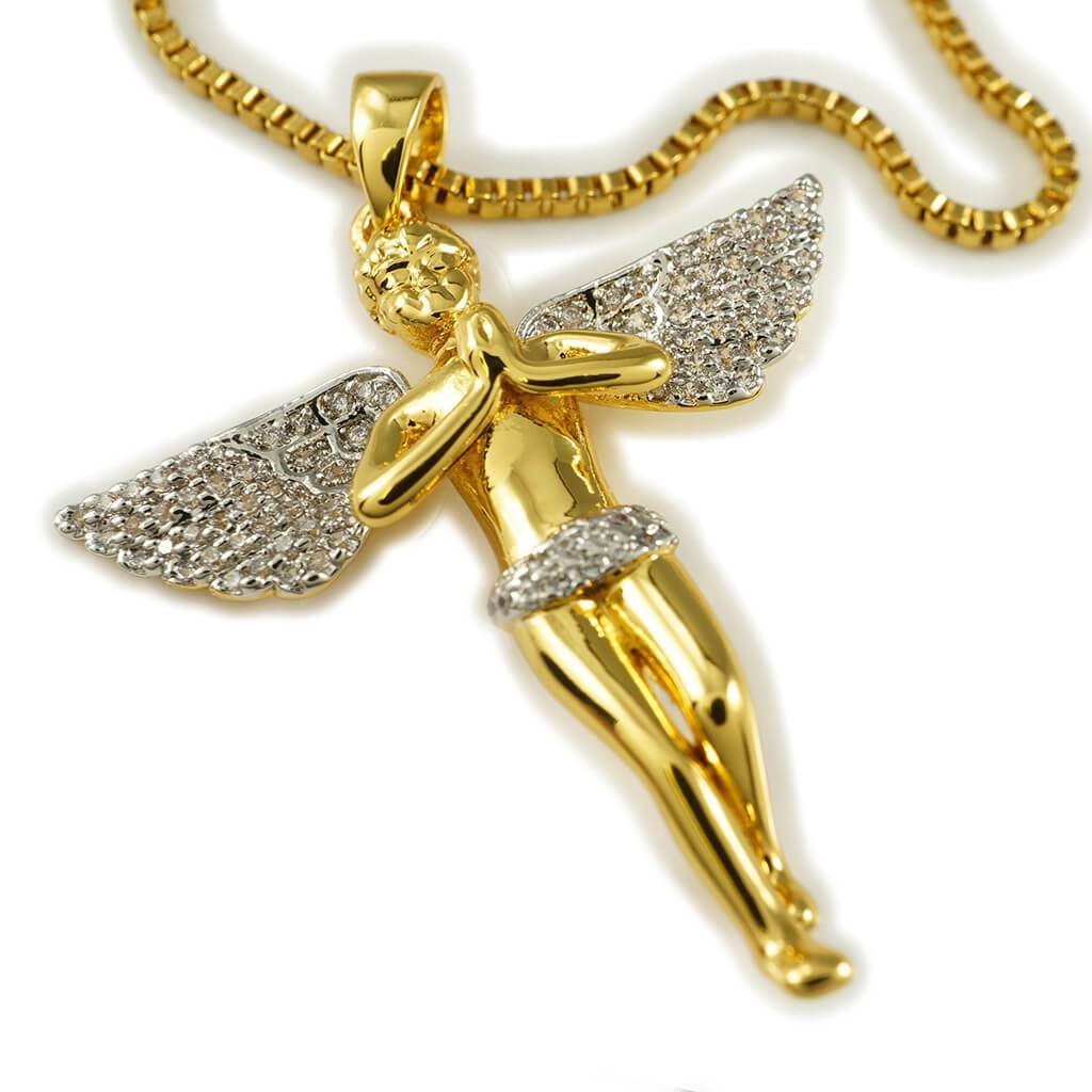 18k Gold Praying Mini Angel Pendant With Rhodium... Niv's Bling