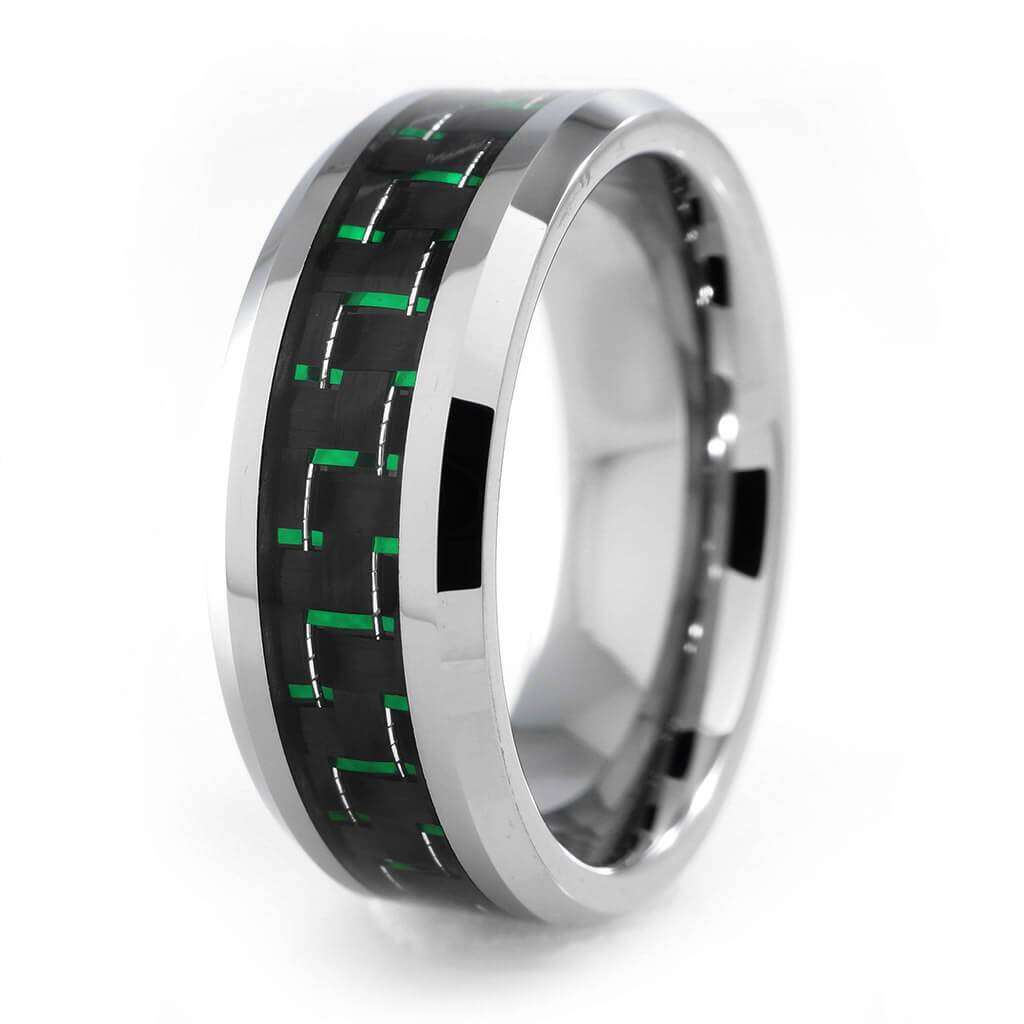 Black and Green Carbon Fiber Silver Tungsten... – Niv's Bling