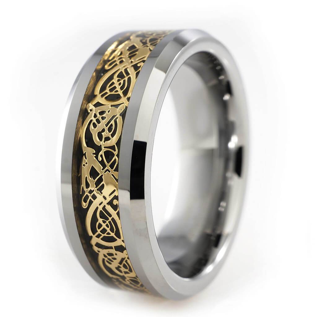 Gold Celtic Dragon Tungsten Carbide Carbon Fiber Ring – Niv's Bling