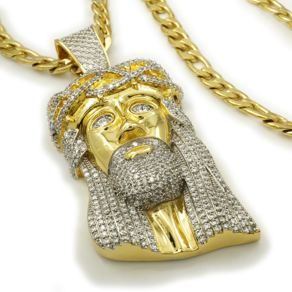 18K Gold Iced Out Jesus Piece With Figaro Chain – Niv's Bling