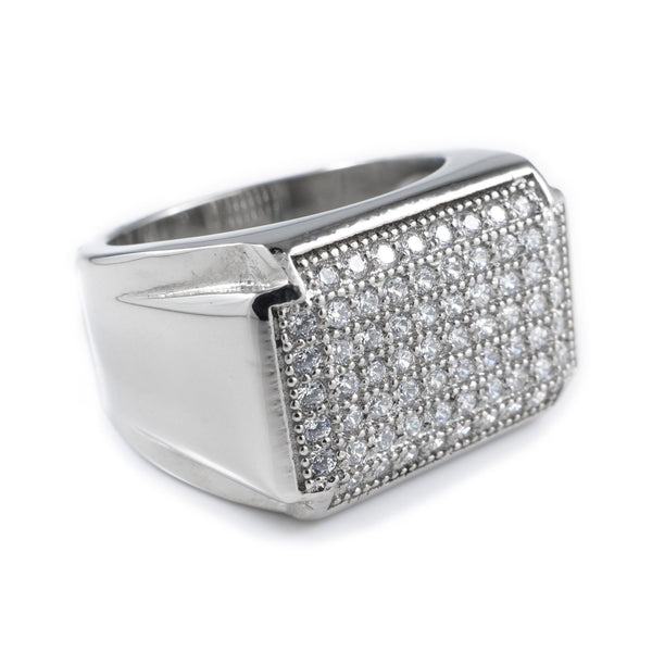 18k White Gold Iced Stainless Steel Rectangle Ring – Niv's Bling