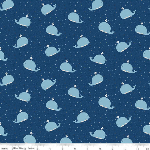 FLANNEL Whales F10622 Navy - Riley Blake Designs - Children's Juvenile Whales Tiny Stars on Blue  - FLANNEL Cotton Fabric