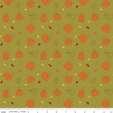 Adel in Autumn Pumpkins C10821 Olive - Riley Blake Designs - Fall Pumpkin Leaves Green - Quilting Cotton Fabric