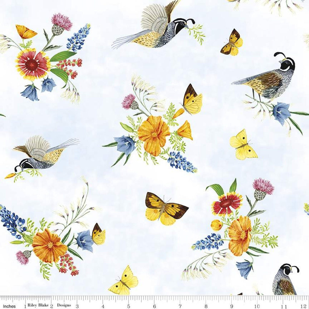Golden Poppies Main C11800 White - Riley Blake Designs - Floral Flowers Birds Quail Butterflies - Quilting Cotton Fabric