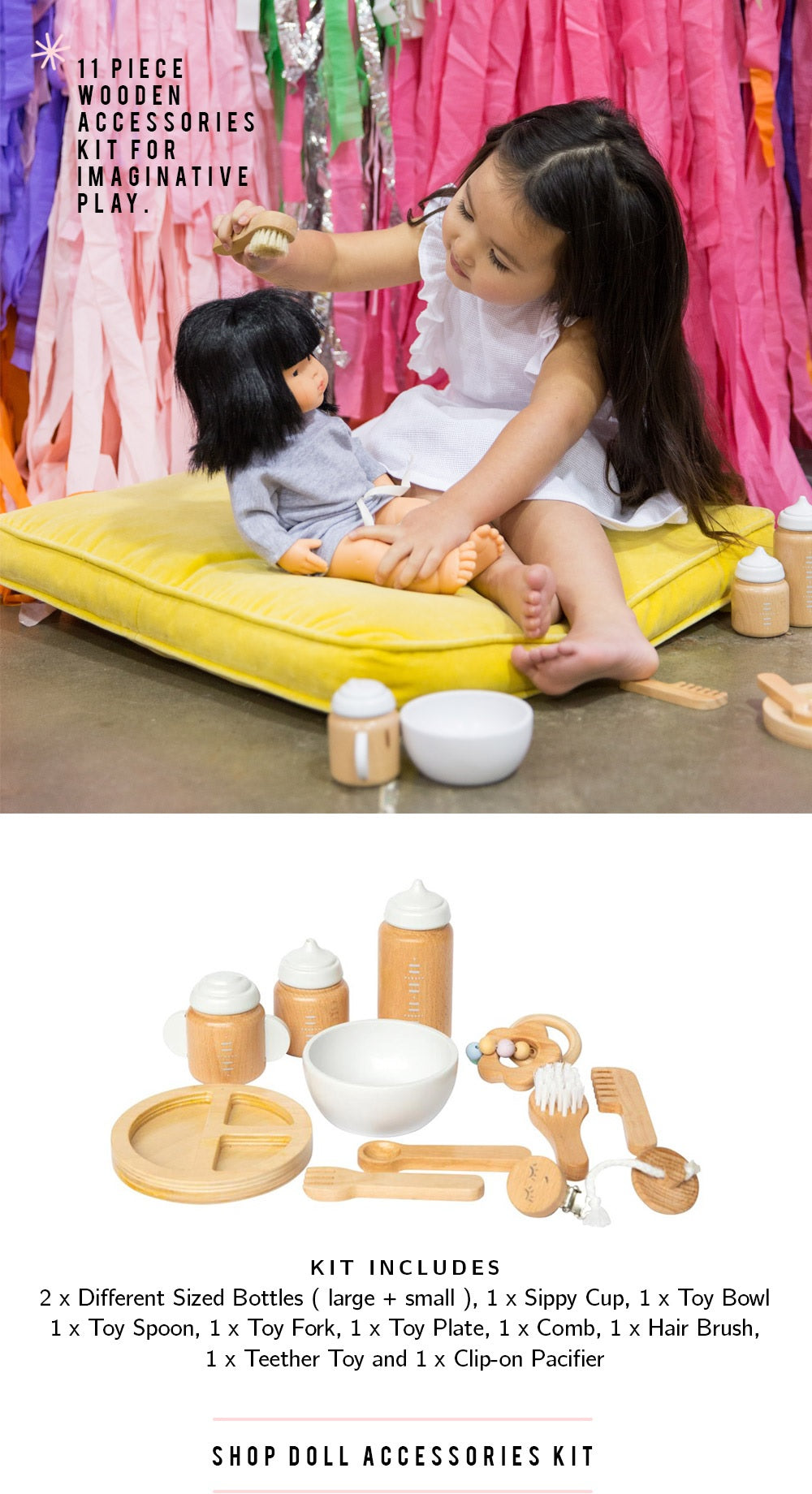 make me iconic wooden toys doll accessory kit