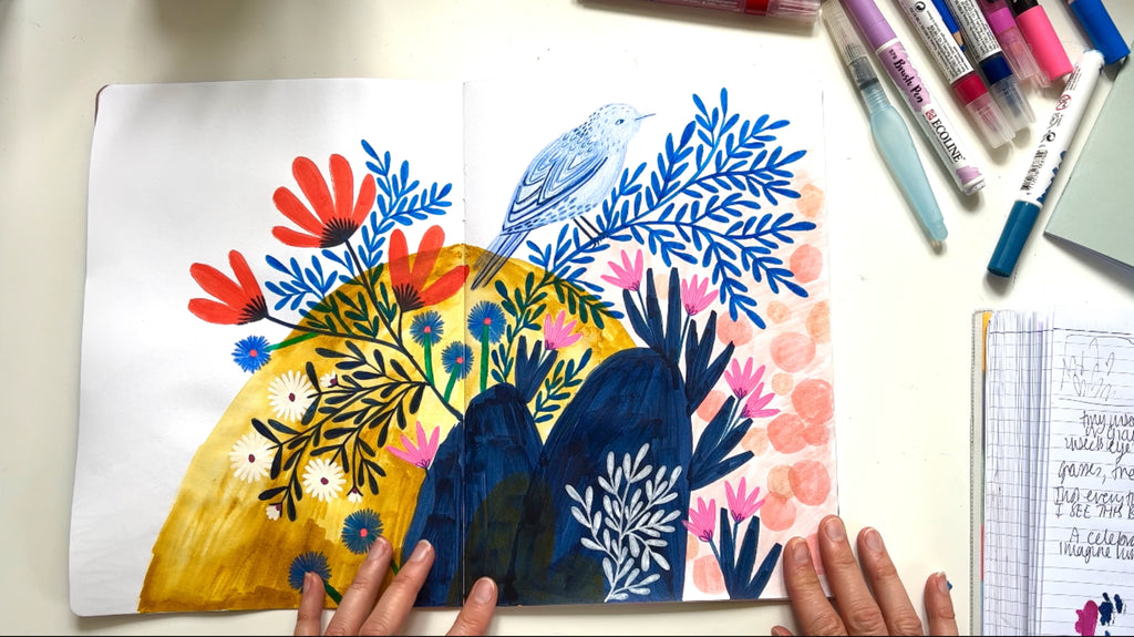 Image of Lee's sketchbook featuring watercolour textures, fronds and florals.