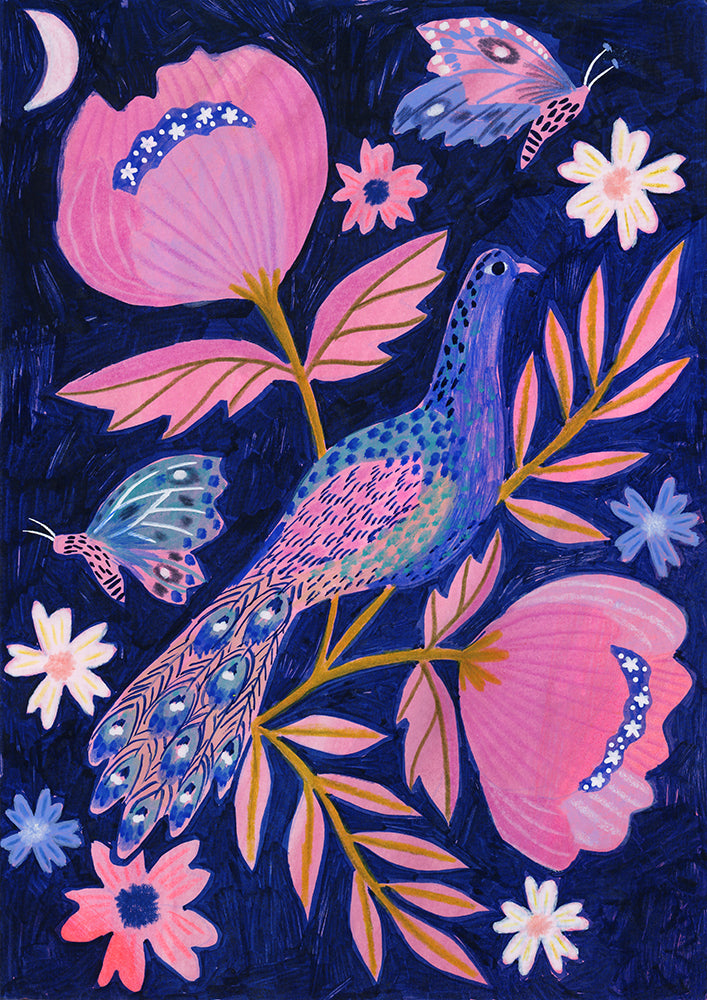 Lee Foster-Wilson drawing of a peacock in large flowers