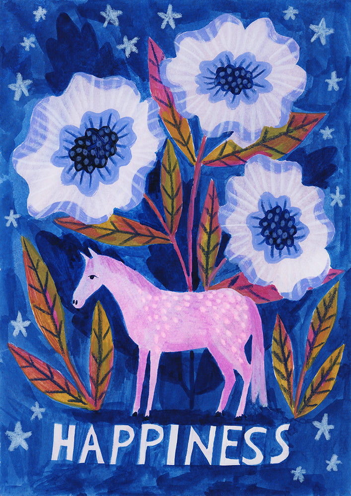 Lee Foster-Wilson drawing of a pink horse under large flowers with the word happiness