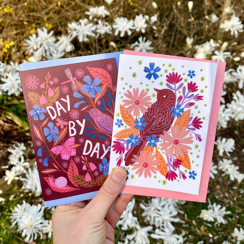 Bonbi Forest Greetings Cards - Day by Day and Burgundy Bird