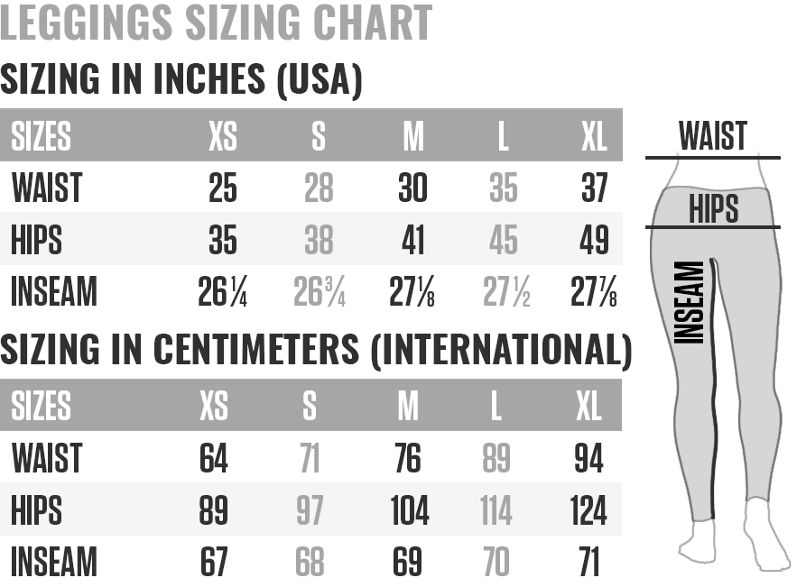 Women's Leggings (Asian Sizing) Size Chart.