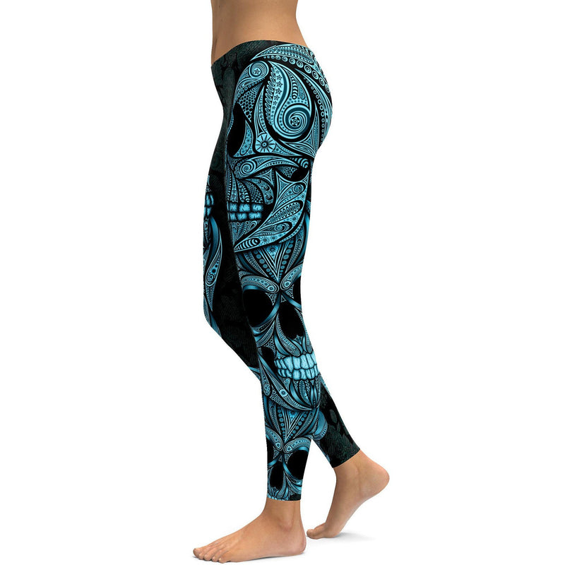 Womens Workout Yoga Blue & Black Ornamental Skull Leggings | Gearbunch.com