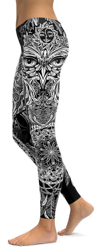 Womens Workout Yoga B&W Ornamental Owl Leggings Black/White | Gearbunch.com