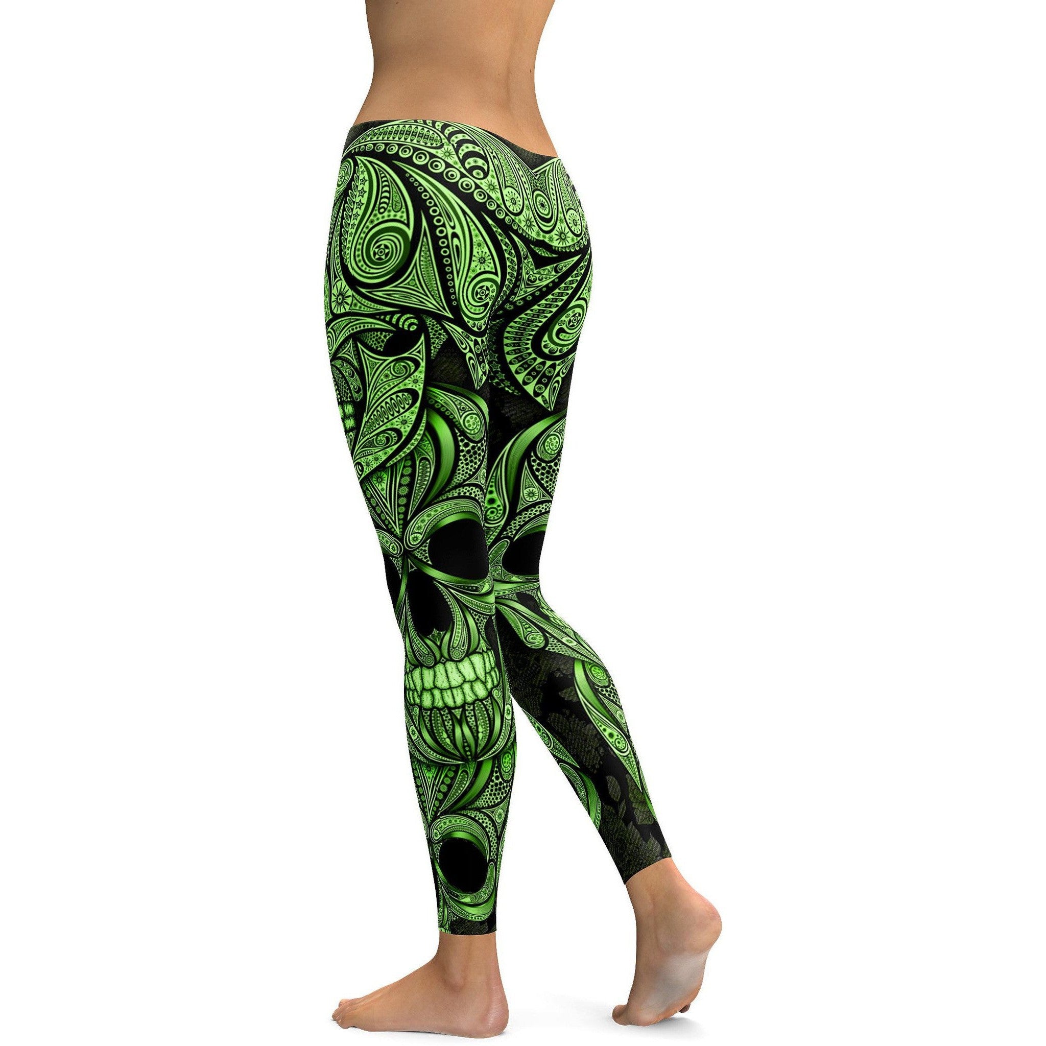 Green Ornamental Skull Leggings 6218