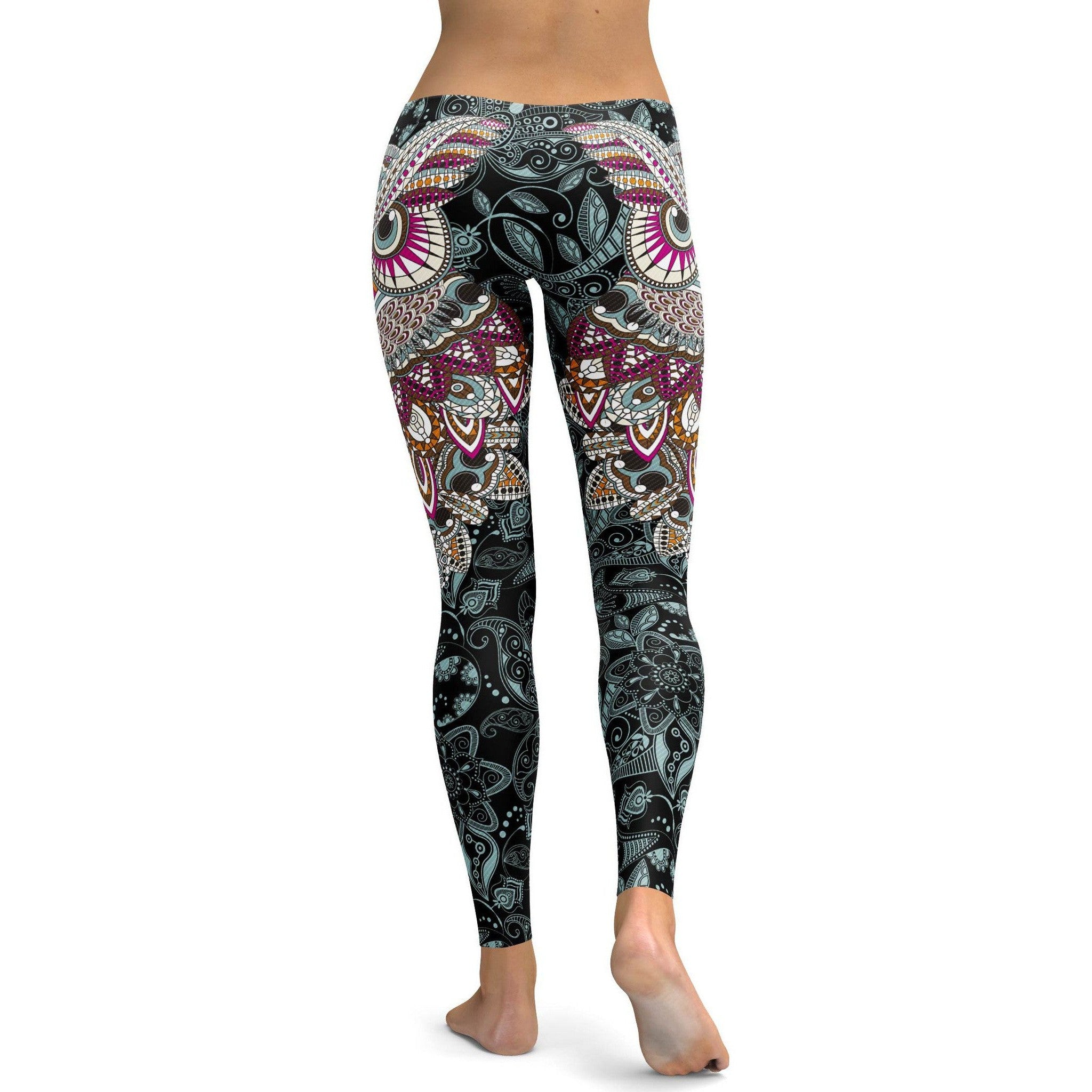 Womens Workout Yoga Ornamental Owl Leggings Pink/White/Black ...