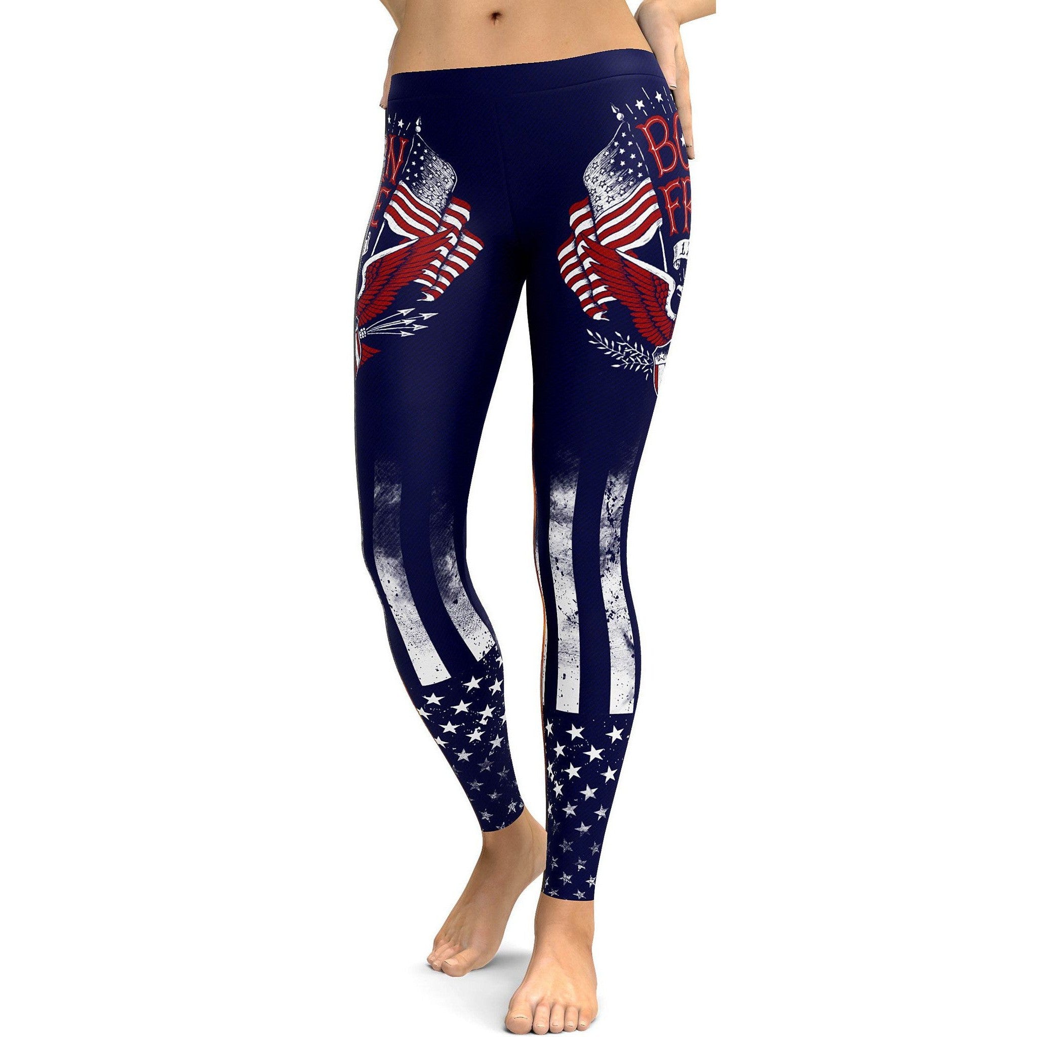 Womens Workout Yoga American Patriot-Born Free Leggings White/Red/Blue ...