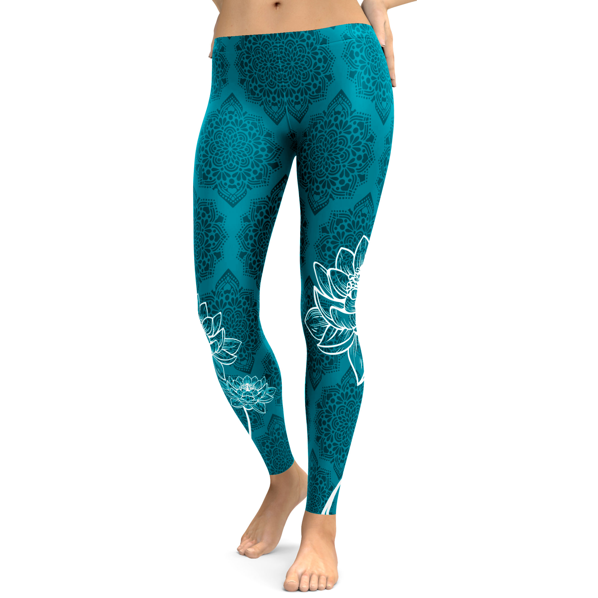 Womens Workout Yoga Cyan Blue Lotus Leggings Blue/Black/White ...