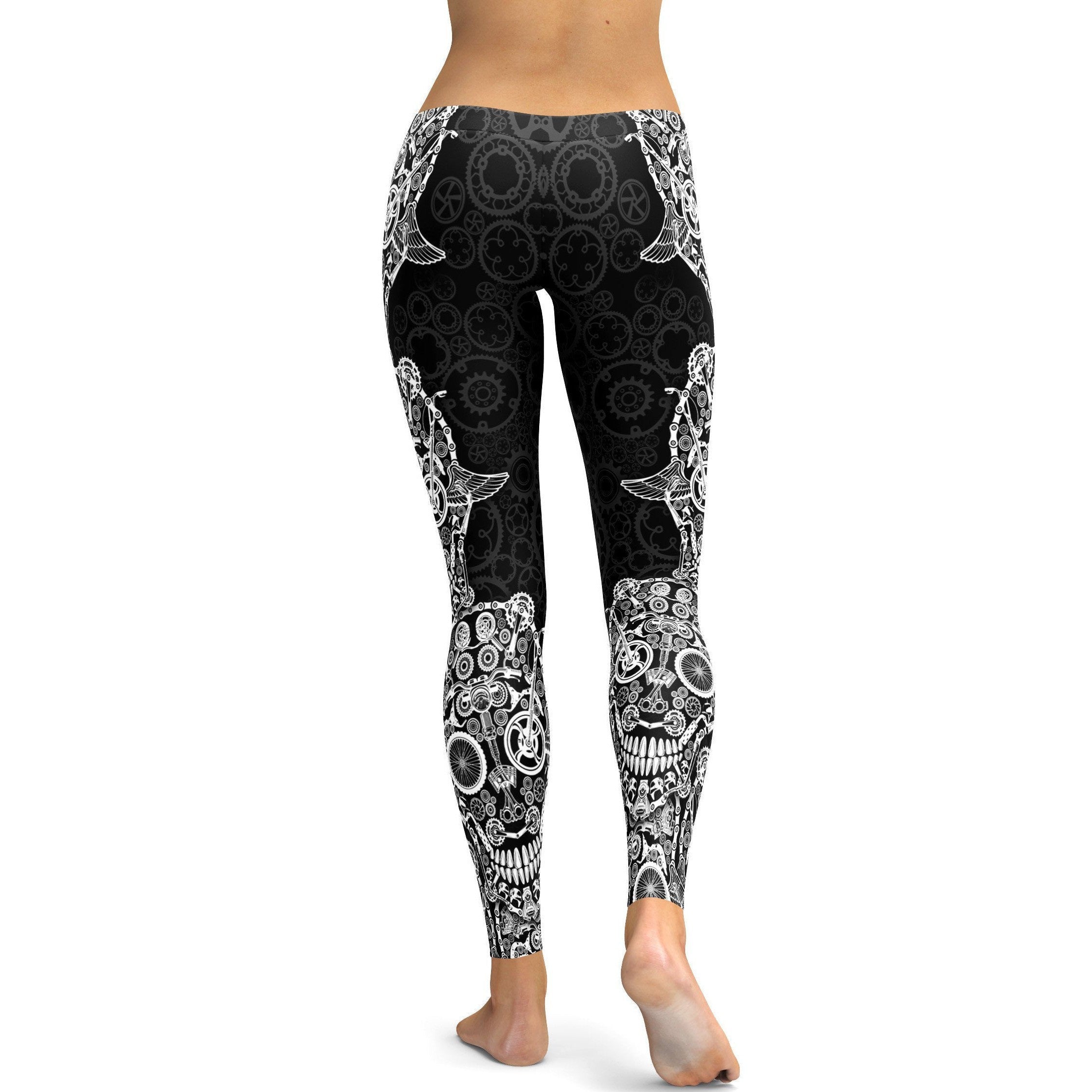 Womens Workout Yoga Biker Skull Leggings Black/White | Gear Bunch