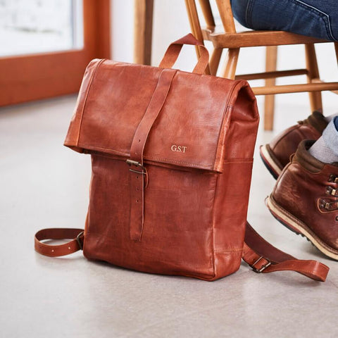 Roll Top Handmade Tan Leather Backpack
