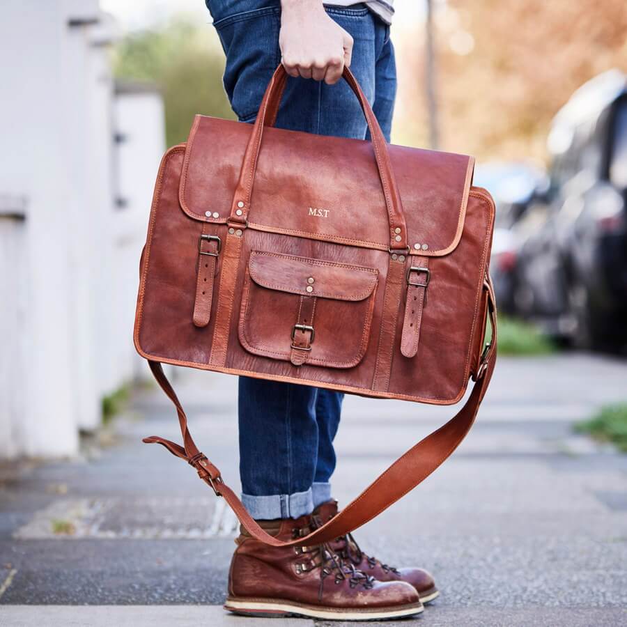 mens leather laptop bag personalised