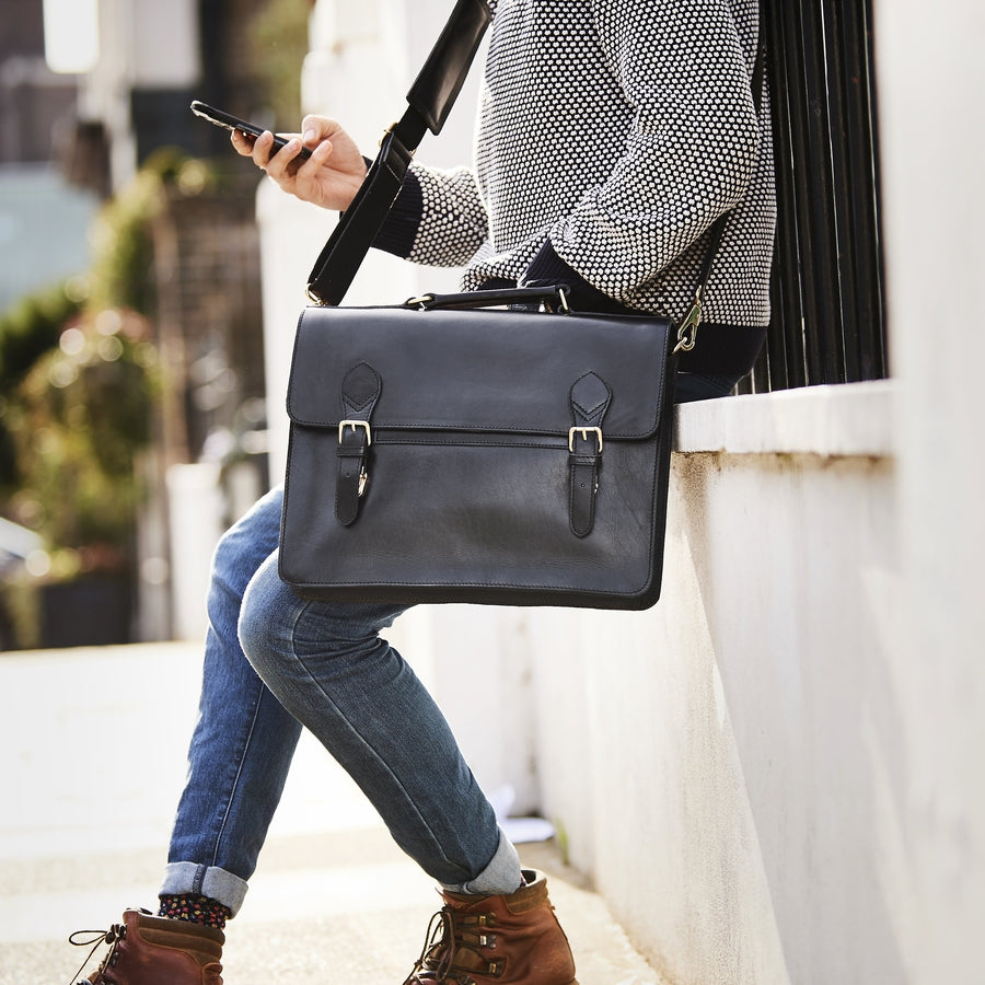 black leather briefcase bag