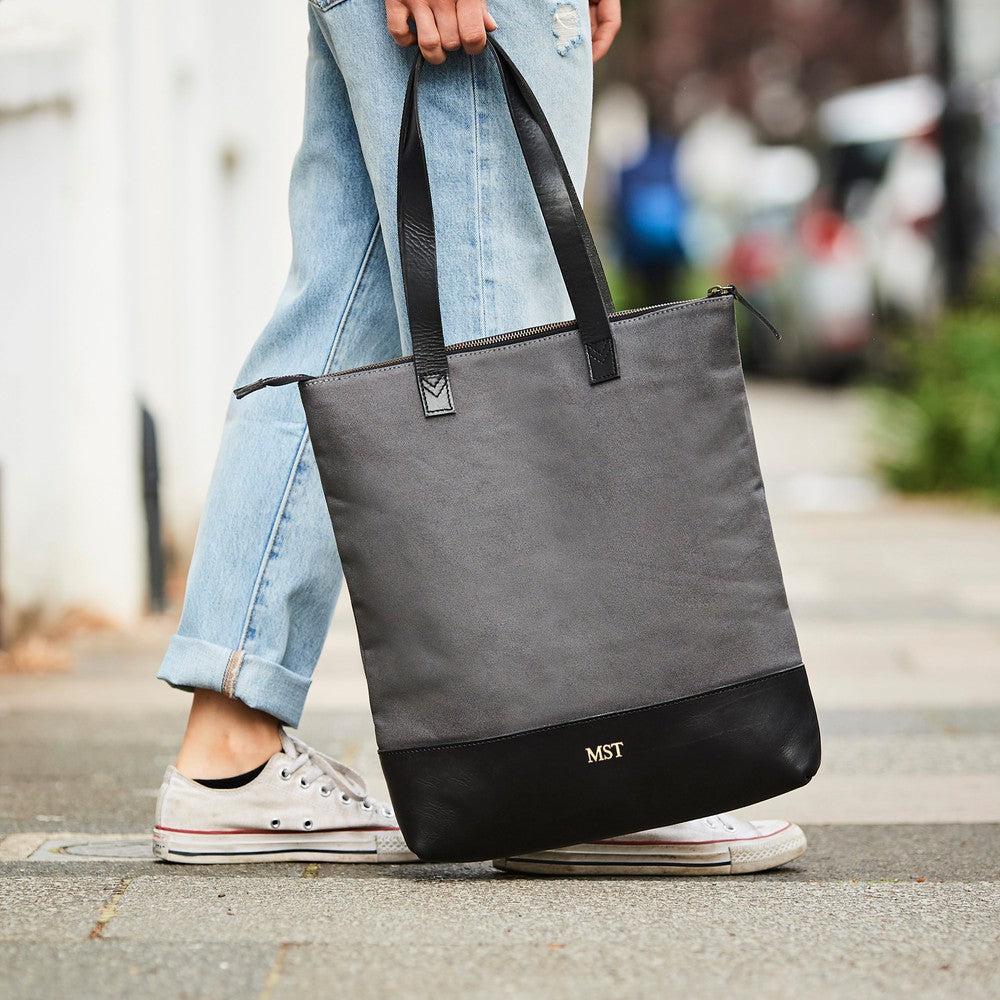 grey tote bag with zip