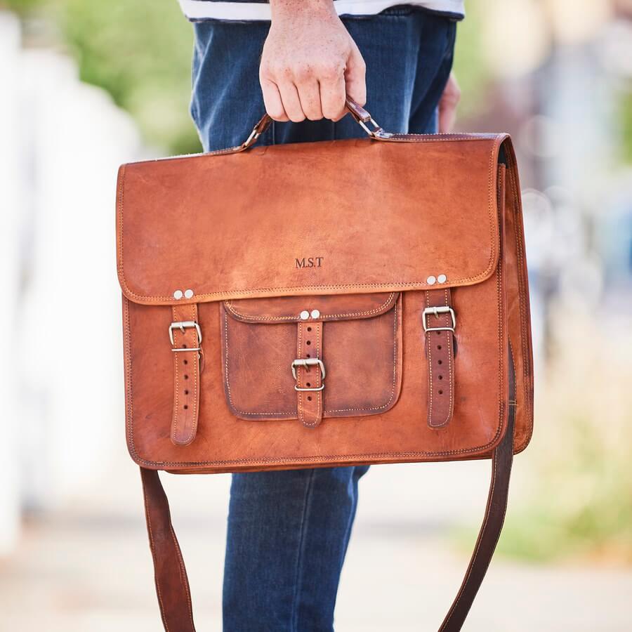 Large Leather Laptop Satchel In Vintage Brown Leather