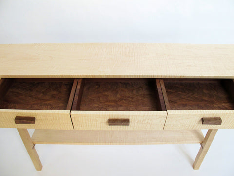 Drawer interiors just a lovely as the rest of this entry table made from tiger maple and walnut