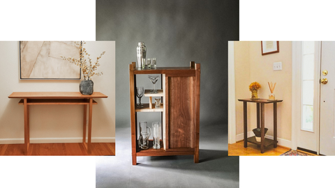 Modern wood furniture designs by Mokuzai Furniture featuring a cherry console table, a modern wood bar cabinet and a small entry table.