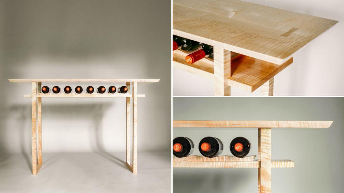 Unique wine display table with wine rack wine storage solution by Mokuzai Furniture