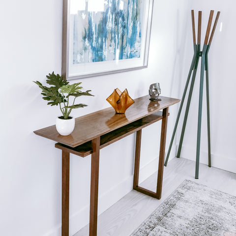 Modern minimalist entryway decor - narrow console table in solid walnut - entry table by Mokuzai Furniture