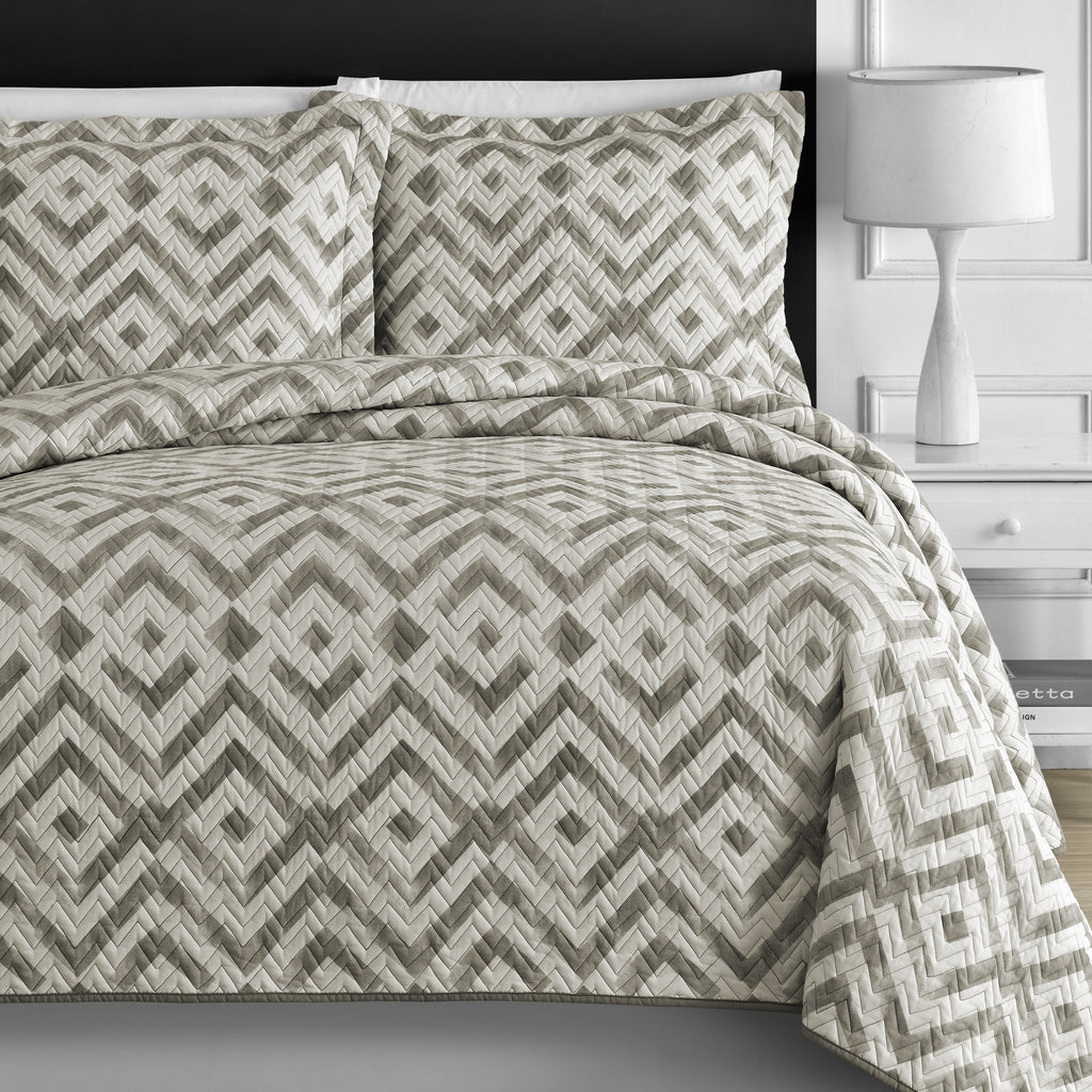 Chevron Quilted Gray Off White 3 Piece Coverlet Set Comfy Bedding