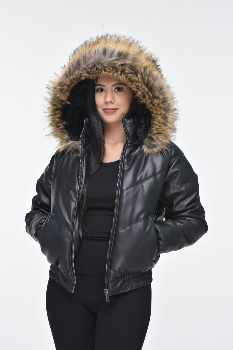 Ladies Faux Leather V Bomber Jacket with Detachable Faux Fur Hood (REA ...