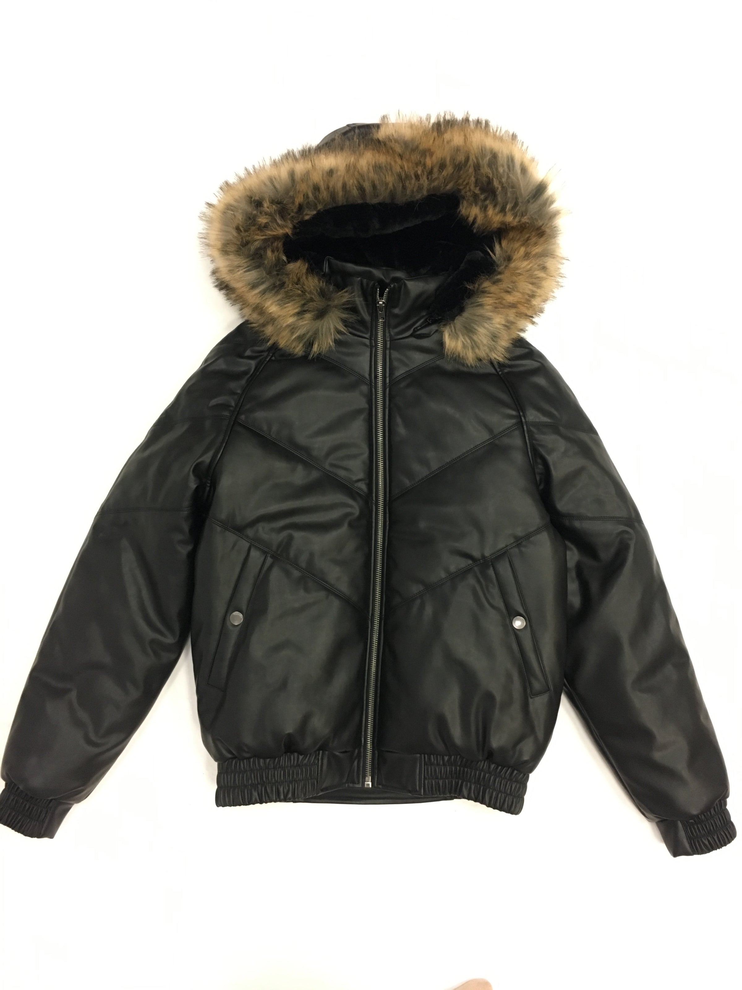 Kids Faux Leather V Bomber Jacket with Detachable Faux Fur Hood - Blac