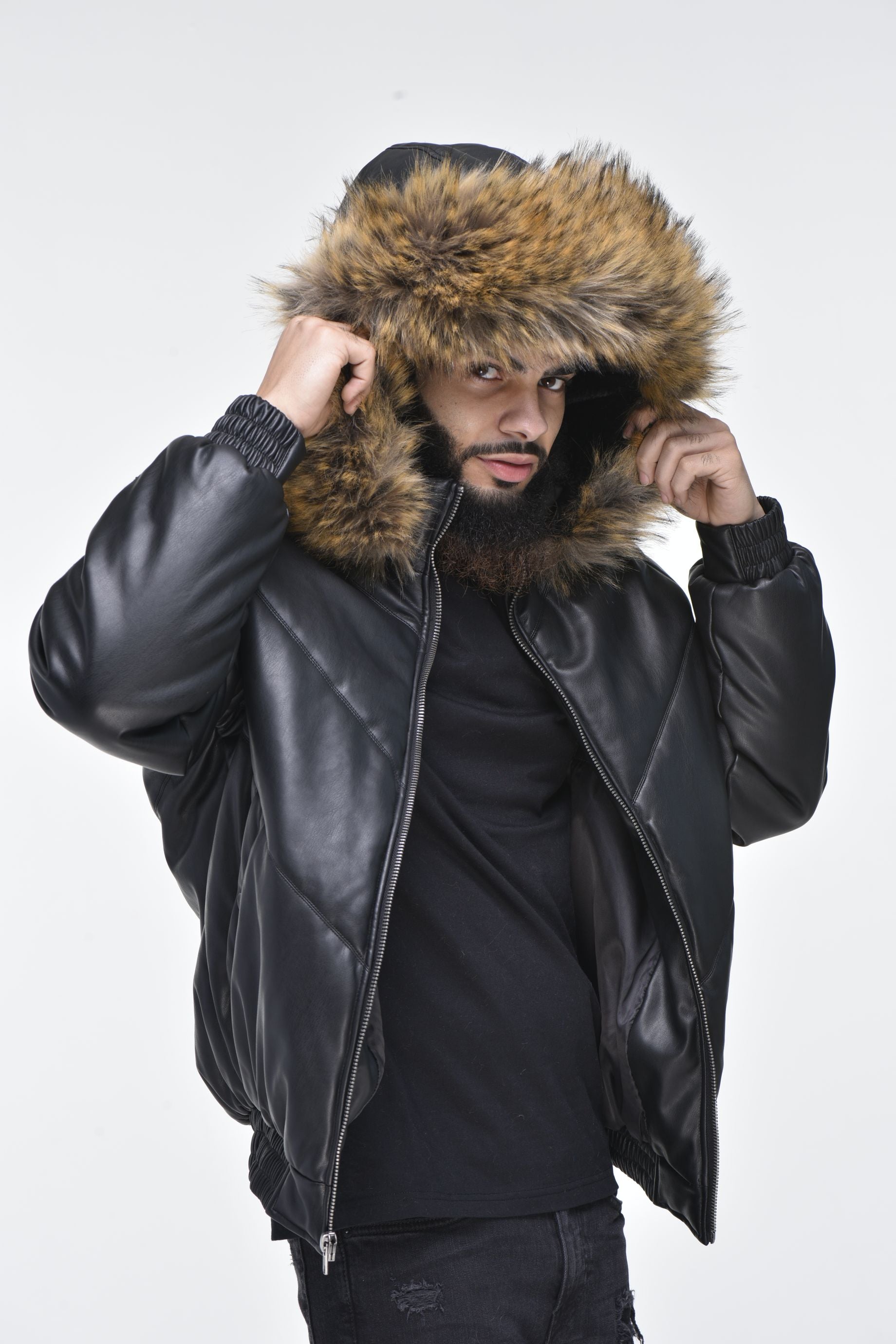 Mens Faux Leather V Bomber Jacket With Detachable Faux Fur Hood Bla
