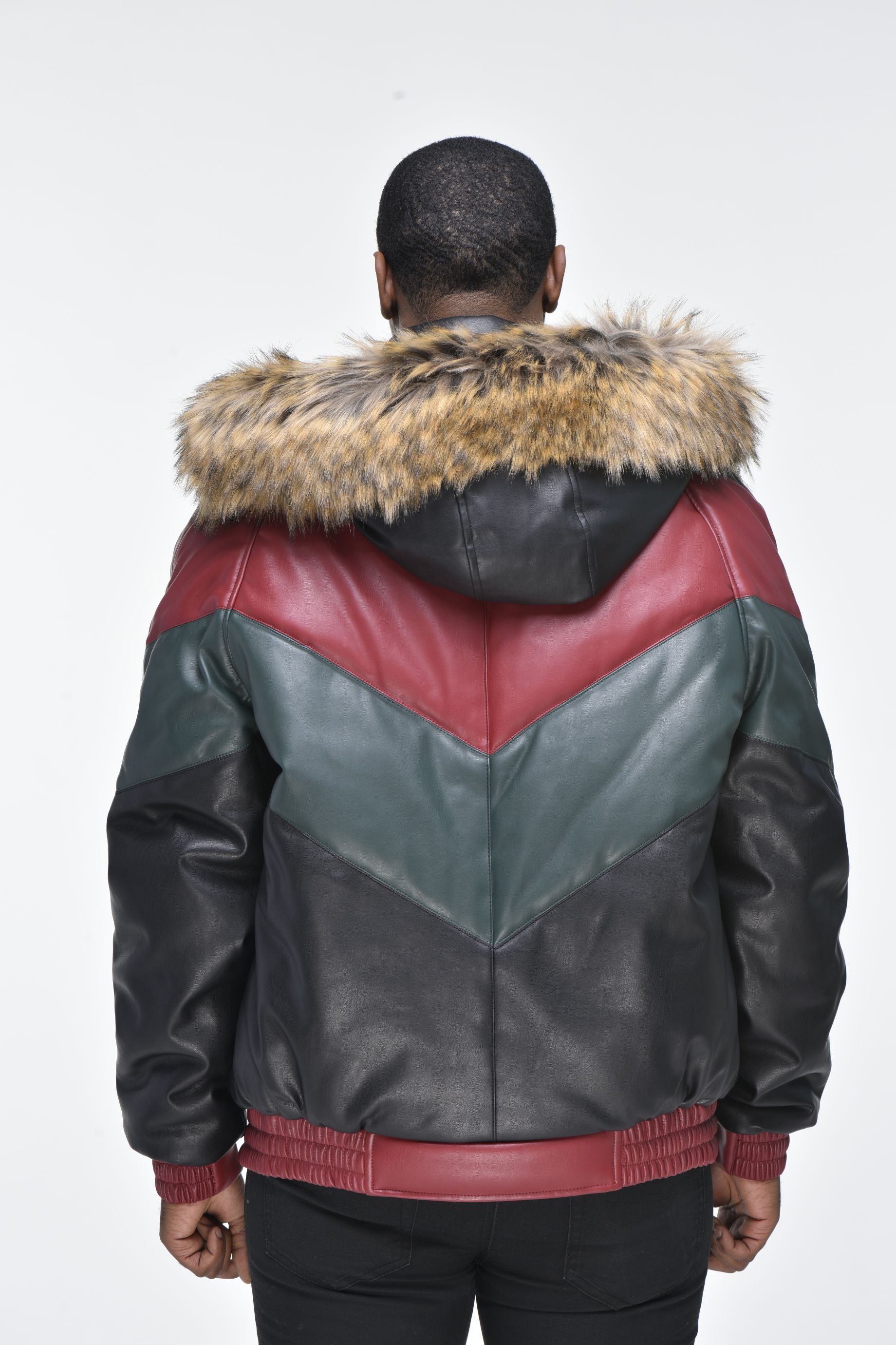 Men’s Faux Leather V Bomber Jacket with Detachable Faux Fur Hood Red