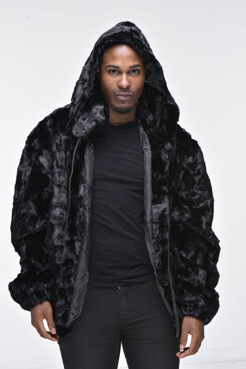 Men’s Mink Fur Bomber Jacket with Hood – Black – DS Online