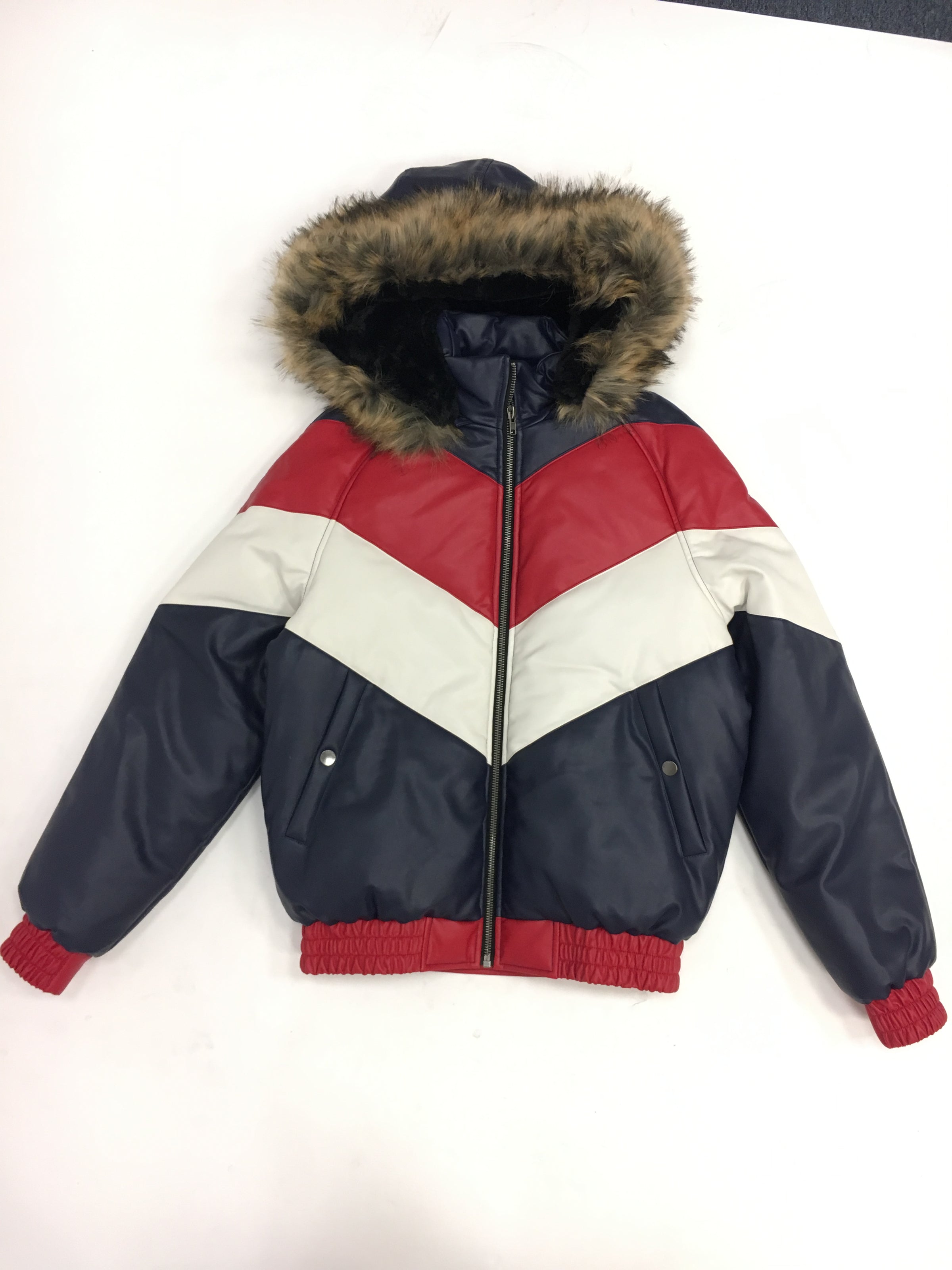 red bomber jacket with fur hood