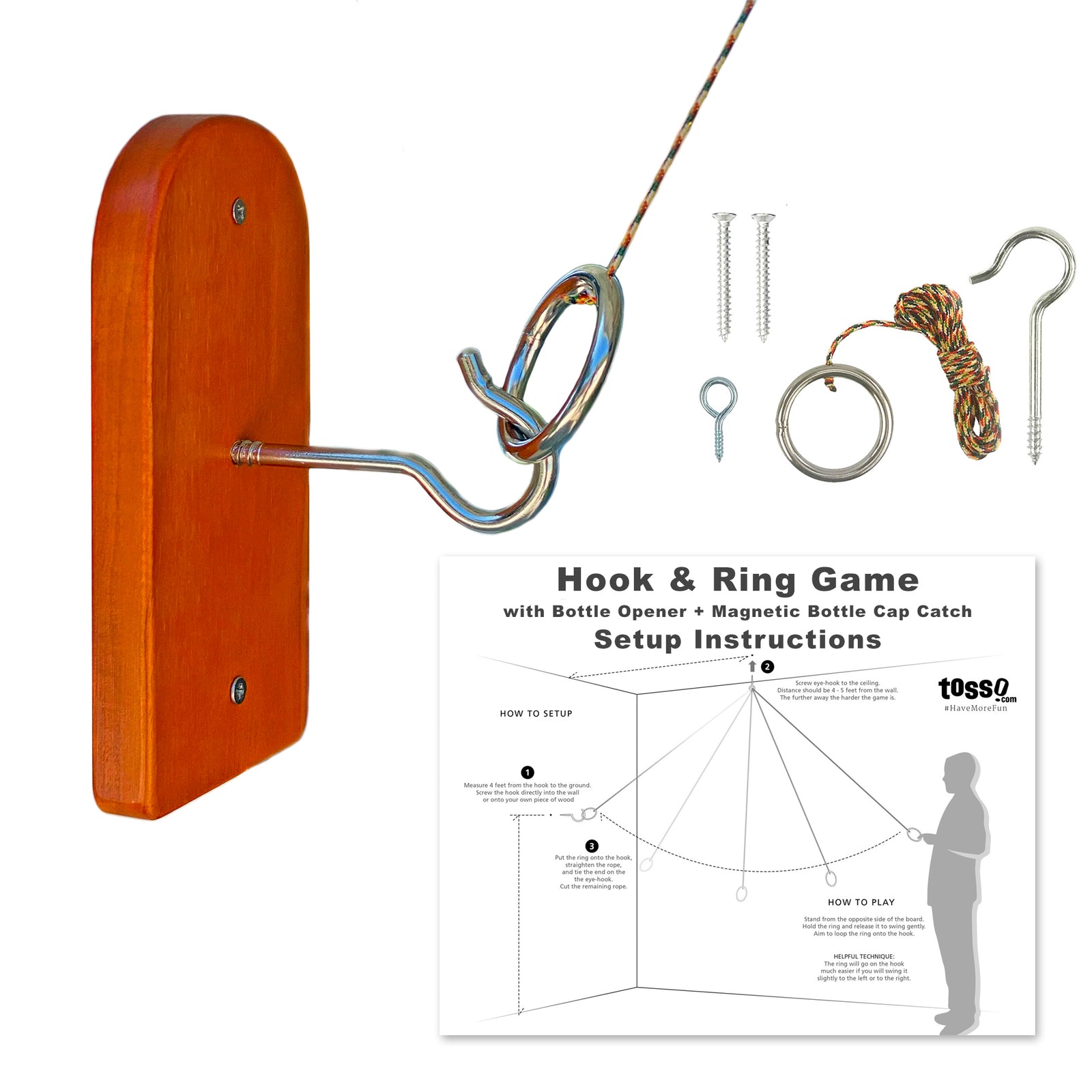 Play Platoon Hook and Ring Game with Bottle Opener and Magnetic Cap Catch -  Ring Toss Game for Adults Rustic Brown Wood