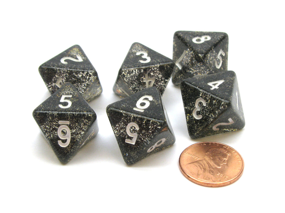 Pack of 6 D8 8-Sided Glitter Dice - Black with White Numbers