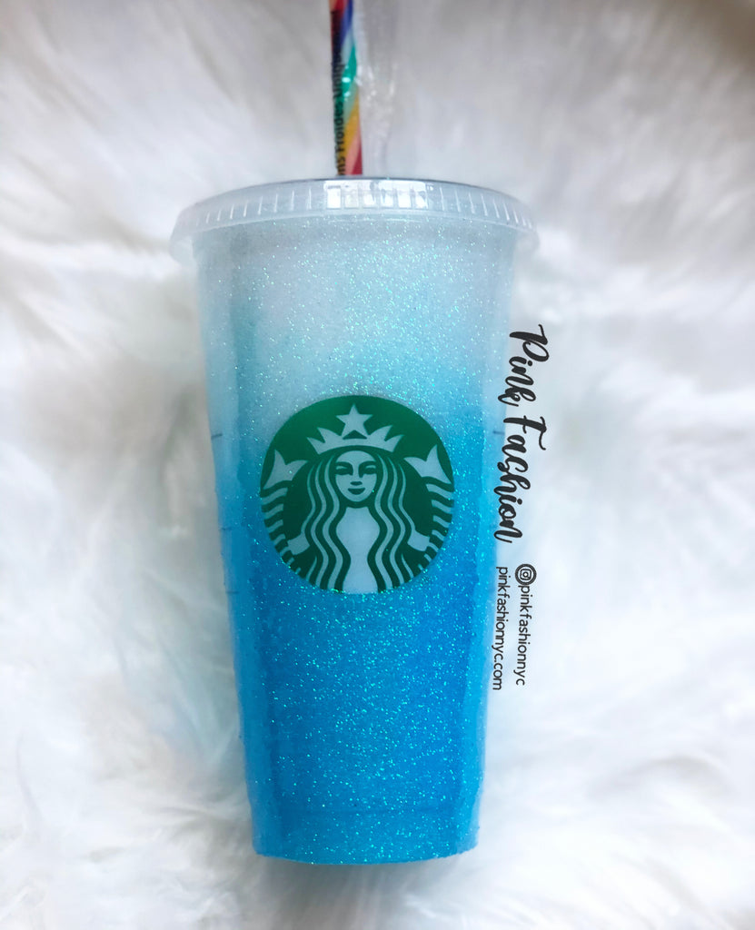 Starbucks Ombre Blue Glittered Customized Cup Pink Fashion Nyc