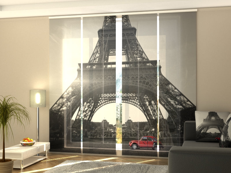 Wall Mural Eiffel Tower with Red retro limousine car, Fabric