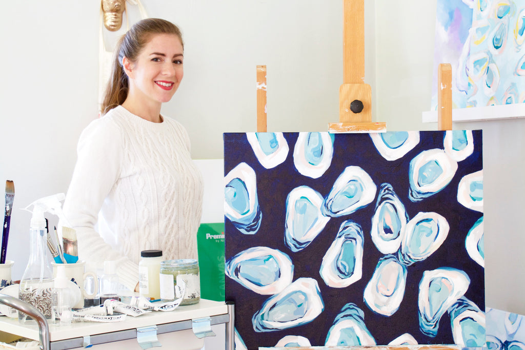 Virginia Beach Artist Stephie Jones Oyster Painting Blue Indigo Abstract