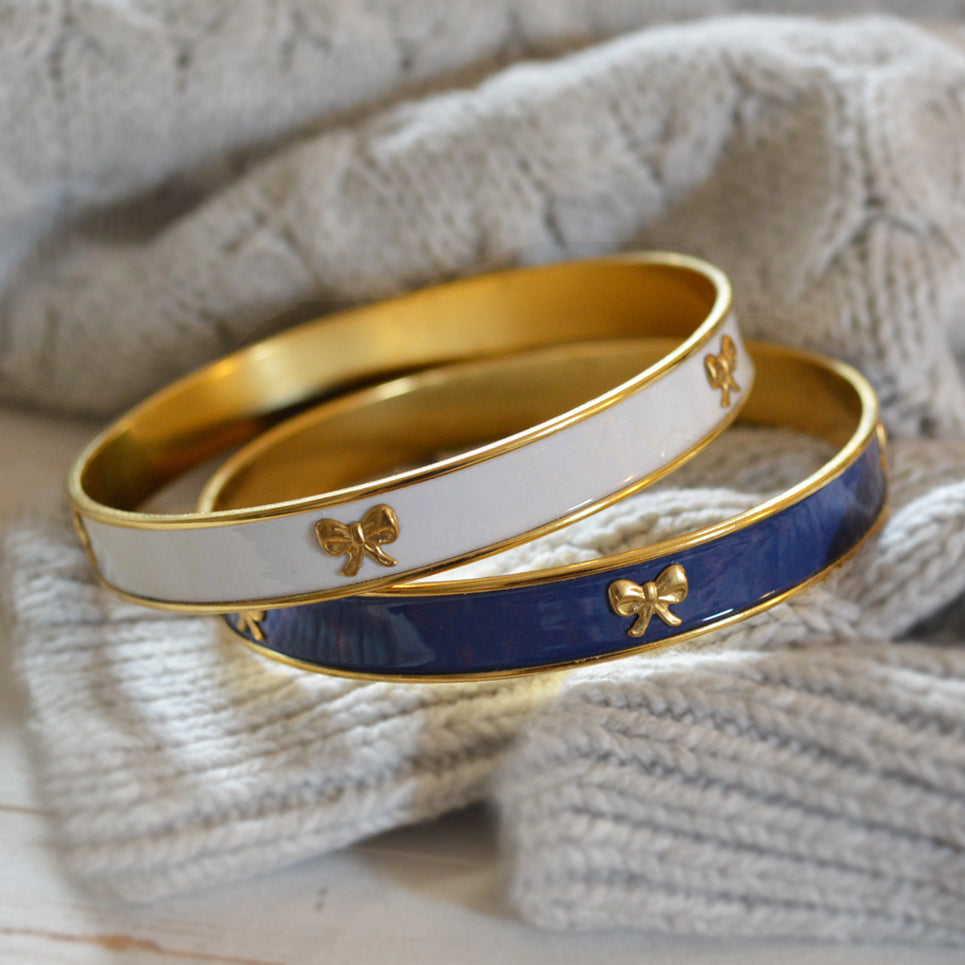 Women's Preppy Bangle Bracelet - Navy & Ivory Bows