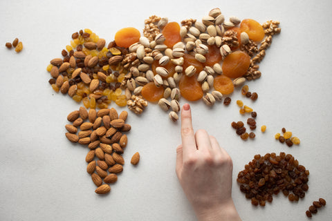World map shape trail mix depicts six reasons to read food nutrition labels
