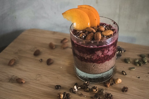 Chia pudding with cocoa, fruit, and nuts