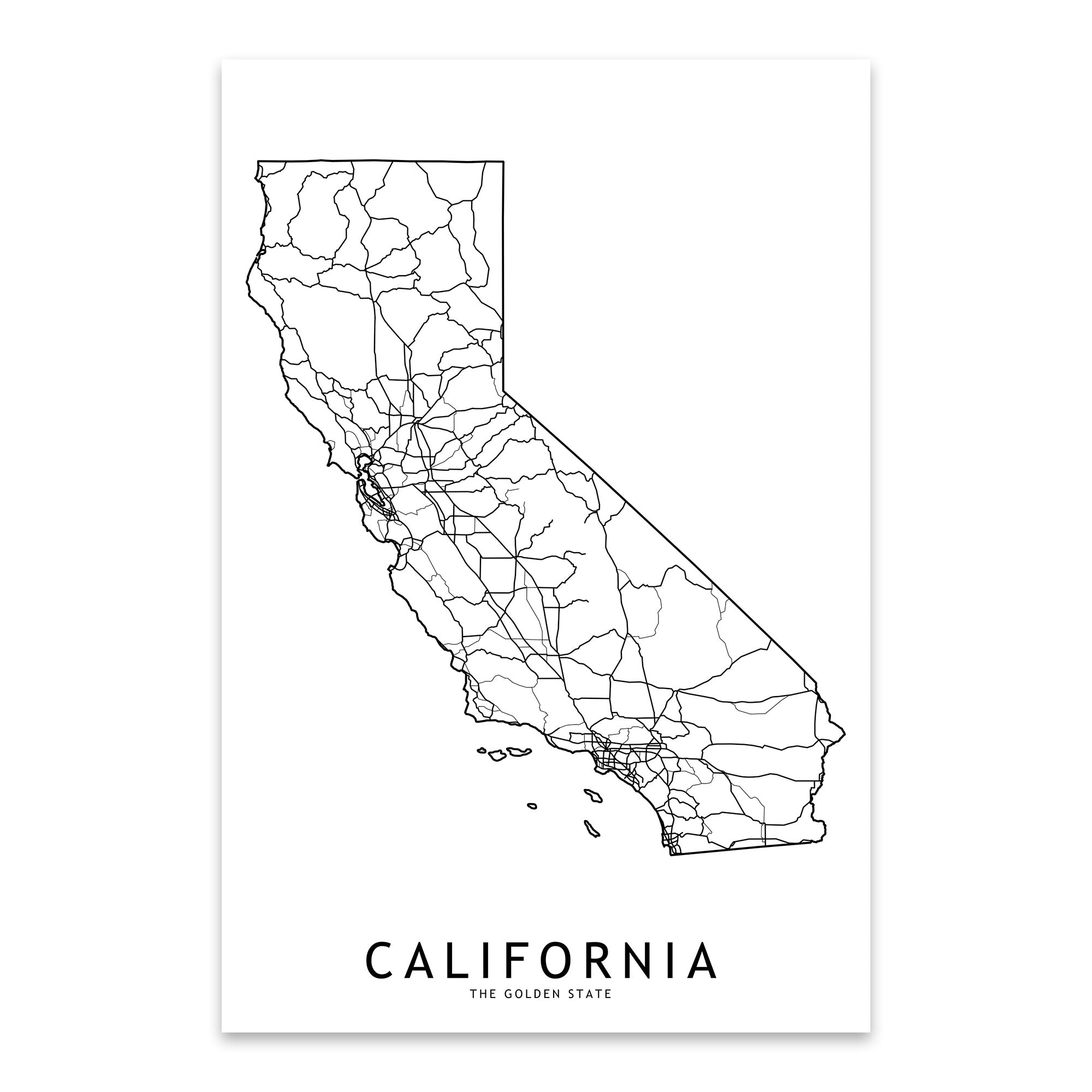 Black And White Map Of California California Black & White Map Print, Canvas, Metal, Framed Wall Art 