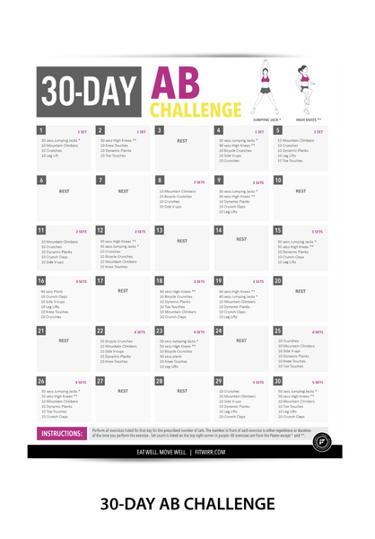 8-Min Abs Workout Poster, 30-Day Ab Challenge, Ab Diet Meal Plan